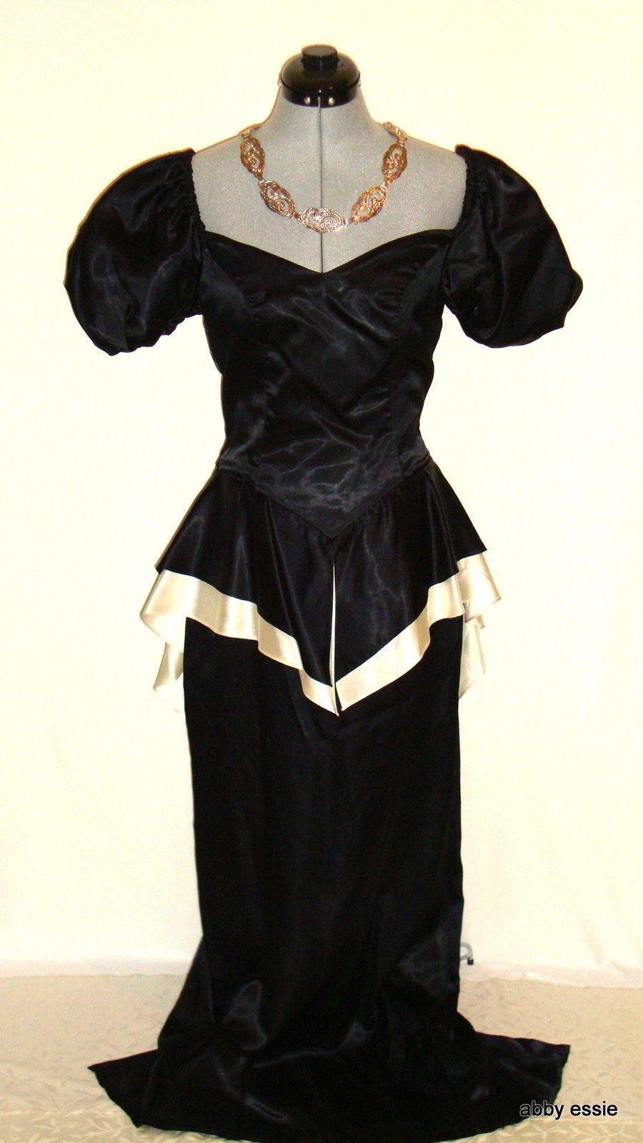 Vintage Black White Silk Satin Peplum Victorian Goth Vtg 12 Medium Abby Essie