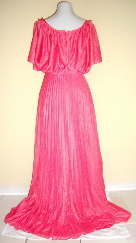 Vintage Pink Tie Shoulder Crepe Pleated Skirt Gown