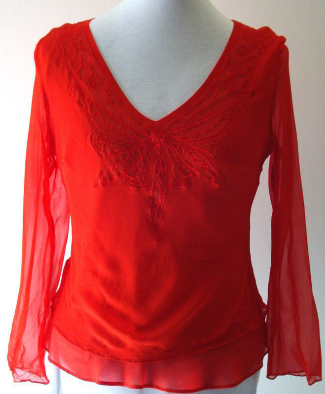 ICE RED SILK SHEER Low Cut V Neck BLOUSE CAREER COCKTAIL TOP Abby Essie