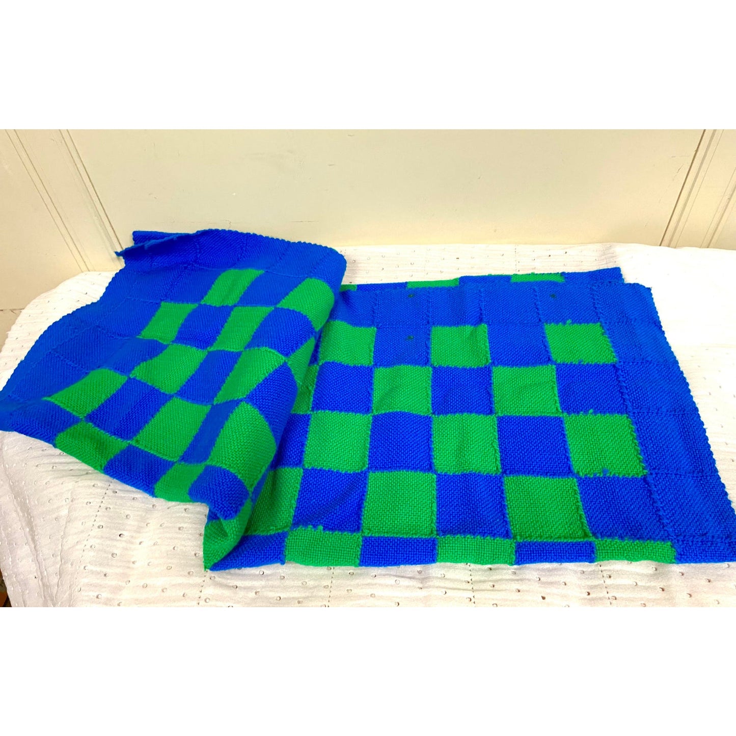 MCM Handknit Blue Green Checkerboard Throw Blanket