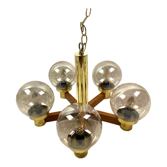 Mid Century Modern Brass Wood 5 Light Globe Chandelier