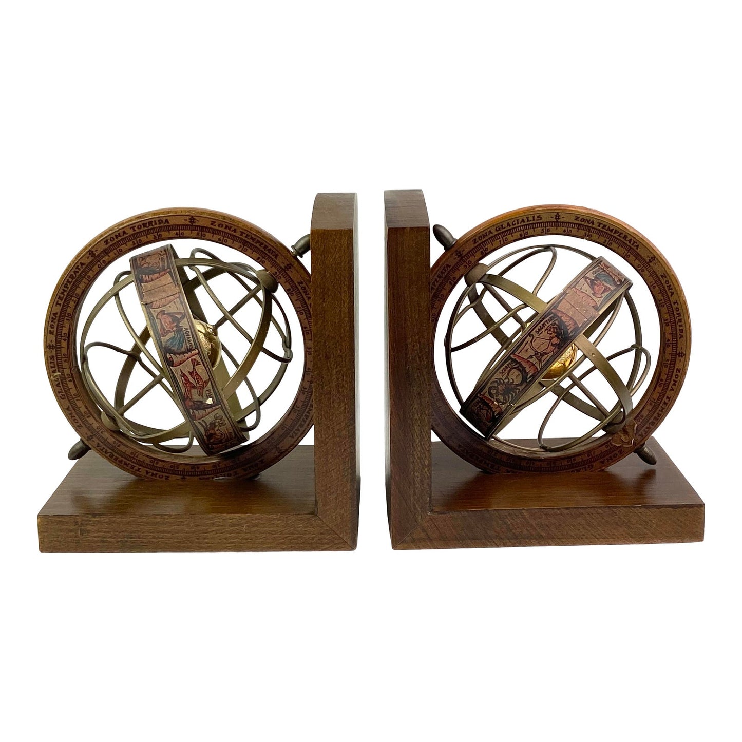 Mid-Century Modern Old World Globe Wood Bookends - Pair of 2