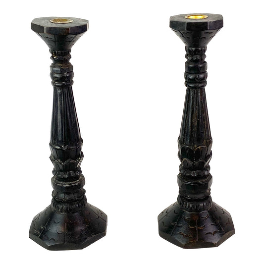 [SOLD] Nate Berkus, Black Carved Wood Candlesticks – Pair of 2