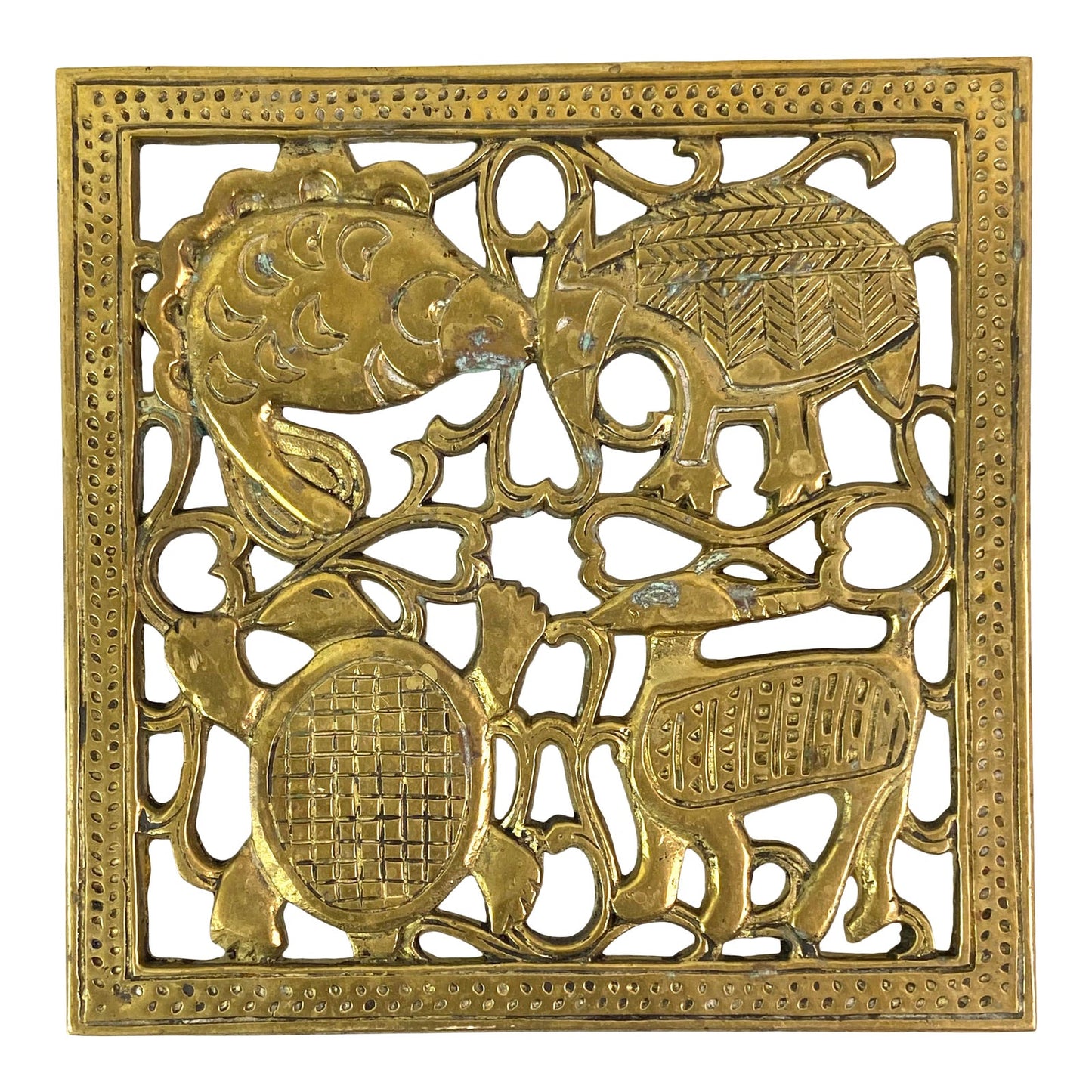 Rare Wild Animal Brass Openwork Trivet Wall Art