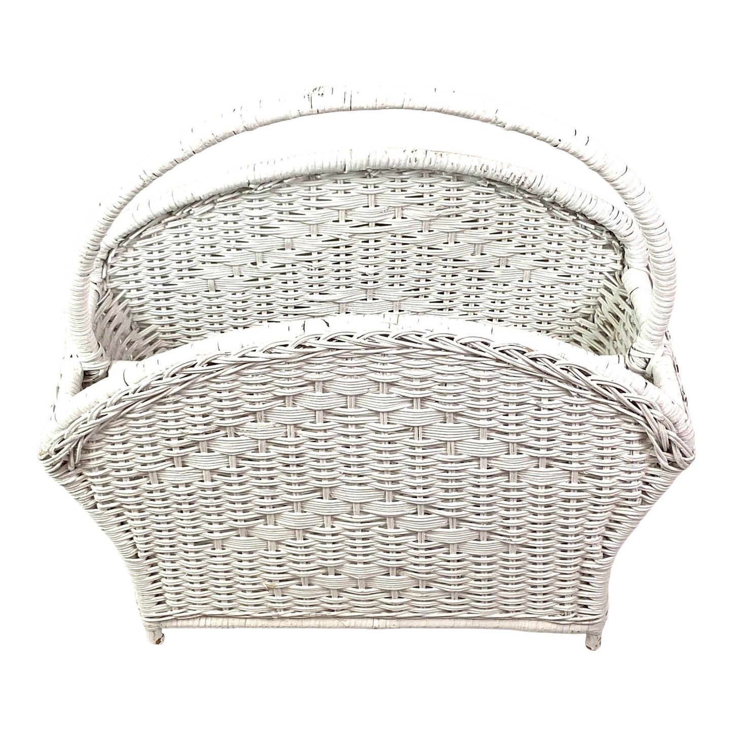 Vintage White Woven Handled Basket Magazine Holder