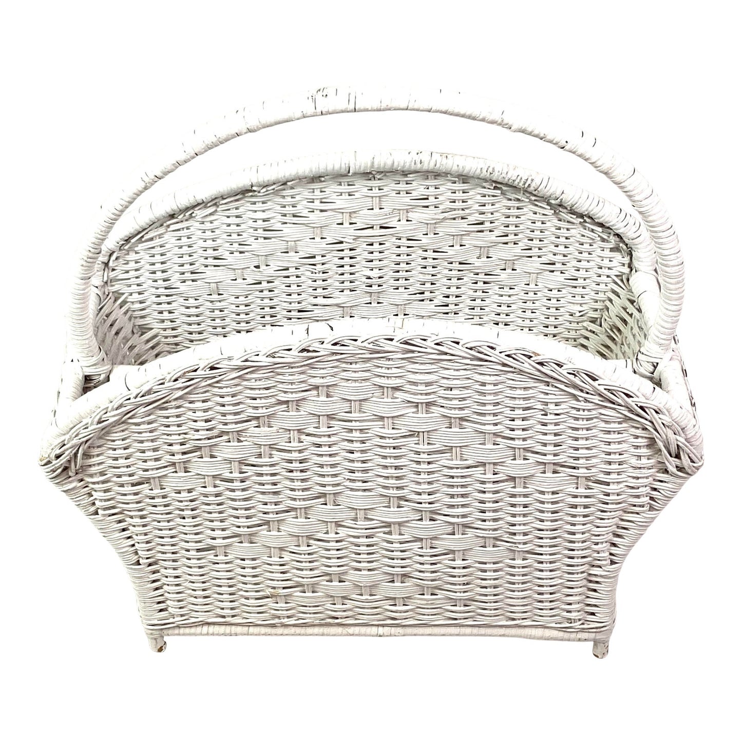 Vintage White Woven Handled Basket Magazine Holder ABBY ESSIE STUDIOS