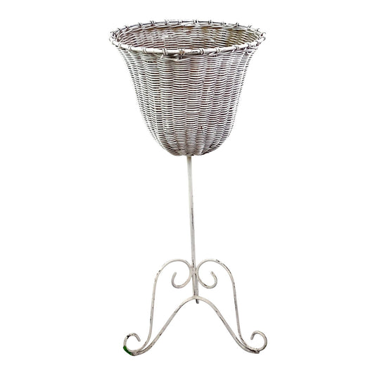 Whitewashed Wicker Plant Basket With Wrought Iron Base ABBY ESSIE STUDIOS